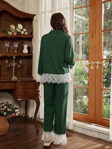 Elegant French Romantic Lace Patchwork Women Pajama Set - Dark Green - View 2