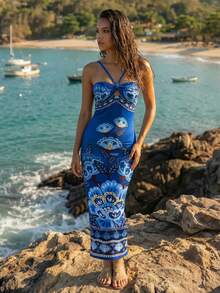 CAJUNI Women's Floral Print Twist Front Bodycon Halter Dress, Vacation Style - Blue - View 1