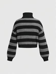 ROMWE Grunge Punk Y2K Casual All-Match Versatile Retro Punk Black & Grey Striped Turtleneck Lantern Sleeve Sweater
