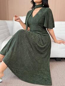 Feyla Plus Size Women's Elegant V-Neck Long Dress - Army Green - View 7