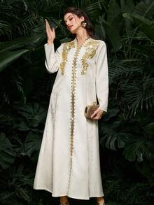 Al Najma 新款女士迪拜中东风格晚礼服，刺绣凸纹图案，撞色设计，水钻装饰长款长袍式连衣裙 - 杏色 - 查看 2