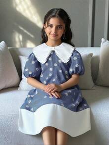 SHEIN Tween Girl Plaid Daisy Pattern Puff Sleeve Cute Dress - Blue - View 5