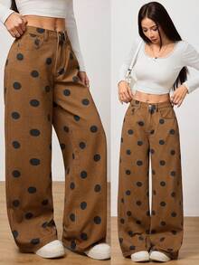 SHEIN PETITE Women's Casual Polka Dot Print Low Waist Loose Wide Leg Pants, Suitable For Daily Commute - Khaki - View 1