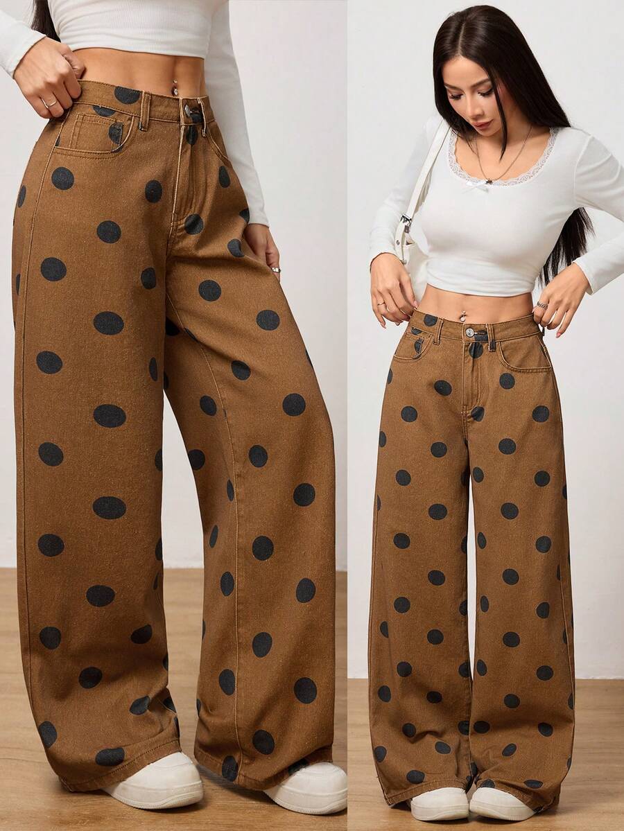 SHEIN PETITE Women's Casual Polka Dot Print Low Waist Loose Wide Leg Pants, Suitable For Daily Commute - Khaki - View 1