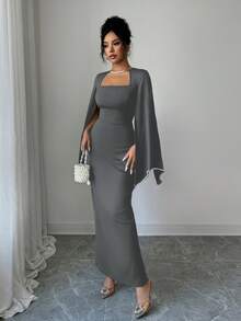 Elenzga 优雅精致的珍珠装饰修身连衣裙，女士款 - 深灰色 - 查看 6