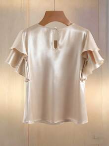 Modelyn Blusa elegante de manga corta con cuello redondo, volantes en el bajo y perlas falsas de unicolor para mujer - Albaricoque - Ver 2