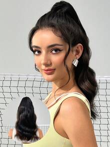 QUICK WEAR 16英寸真人发马尾辫，夹式马尾辫，长款波浪卷马尾辫，自然黑色，100%真人发接发，马尾辫接发