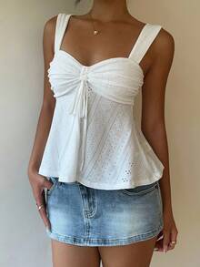 SHEIN PETITE CURVE White Summer Casual Vacation Women's Plus Size Petite Solid Color Drawstring Thick Strap Elegant Tank Top - White - View 5