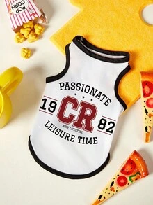 PETSIN 一件黑色1982数字字母星形印花宠物背心，黑色滚边，白色底色，亲肤透气，运动型宠物服装