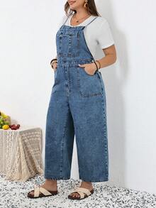SHEIN CURVE+ 大码纯色休闲连体裤，春夏嘉年华服装，通勤度假毕业时尚Y2K可爱街头风派对婚礼优雅商务休闲女装，大码牛仔背带裤，休闲宽松阔腿连体裤，可调节肩带带口袋，浅蓝色 - 藍色 - 查看 6