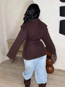 Dayanna Comas Women's Elegant Commuting Warmth And Simplicity Brown Coat Front Tie Long Sleeve Pocket Casual Jacket, Everyday Wear In Fall/Winter - Brown - View 2