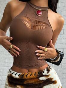 SHEIN Jeanoir Women's Sexy Backless Sleeveless Crochet Tank Top, Vacation Style Sexy Summer Top - Brown - View 6