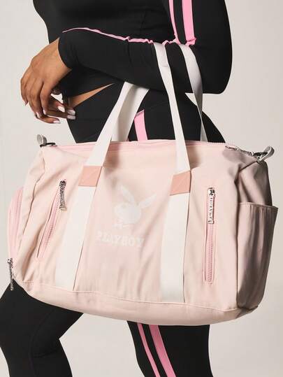 Missguided x Playboy Large Capacity Travel Duffel Bag With Multiple Pockets And Adjustable Shoulder Straps For Weekend Getaways And Vacation Trips