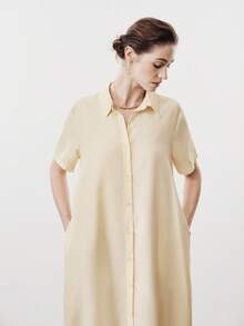 Aalyst 女士优雅法式休闲/通勤/度假/下午茶浪漫高品质棉麻衬衫领褶皱下摆喇叭形宽松长袖连衣裙，春夏款 - 杏色 - 查看 4