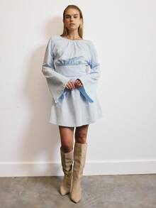 Aralina Lightweight Woven Fabric Round Neck Long Sleeve Elastic Waist Flowy Mini Silhouette Spring Dresses For Women Vacation Dress - Baby Blue - View 4