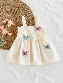 SHEIN Vintaside Kids 新生女宝宝连衣裙，可爱度假风蓝色格子花卉刺绣吊带裙设计，适合春夏外出、派对、拍照、上学等场合，1-9个月 - 杏色 - 查看 5