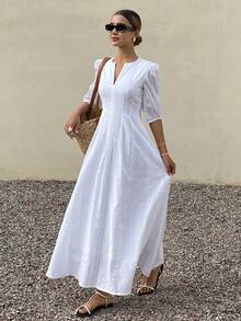 Livesso Women's V-Neck Puff Sleeve Waist Cinched Mid-Length Dress - Beige - View 3