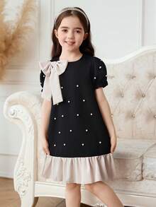 Elladie kids 1 chiếc đầm công chúa mùa hè mới cho bé gái, cổ tròn, viền bèo nhún, tay áo nhăn phía trước, trang trí ngọc trai, nơ có thể tháo rời, kiểu dáng thanh lịch cổ điển, thường ngày. - màu đen - Xem 7