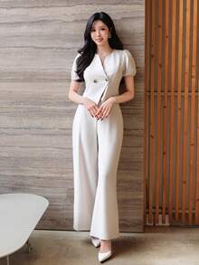 DAZY Bộ đồ nữ thanh lịch gồm áo sơ mi trơn màu và quần ống rộng, thích hợp cho mùa xuân/hè, váy dự tiệc cưới. - Màu be - Xem 3