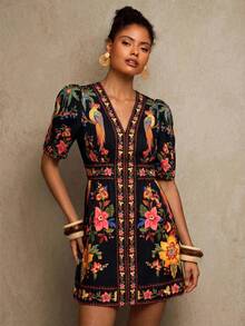 Travachic V-Neck Short Sleeve Fitted Women Mini Dress - Black - View 4