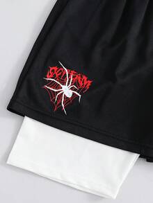 SHEIN Quần short thể thao 2 trong 1 hai lớp in hình nhện màu đen trắng dành cho thiếu niên nam, phong cách thường ngày, đi học, thoải mái, thời trang, tối giản, đa năng, chất liệu mềm mại, phù hợp cho mặc hàng ngày, đi học, dã ngoại, thể thao ngoài trời, lễ hội âm nhạc, tiệc tùng, kỳ nghỉ hè, không khí mùa hè, ngày lễ, mùa xuân/hè. - Đen và trắng - Xem 4