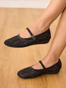 CUCCOO HITCHD Women's Fashionable & Elegant Rhinestone Decor Buckle Flats - Black - View 2