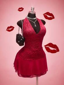 SHEIN ICON 大码女式蕾丝撞色网纱双层优雅派对半身裙，适合约会、情人节等场合 - 酒紅色 - 查看 8