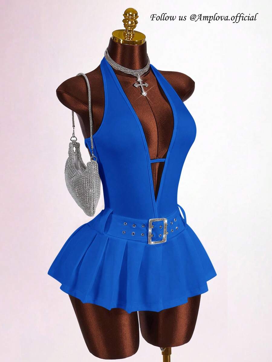 Amplova Deep V-Neck Metal Belt Buckle Decor Slit Pleated Hem Dress - Royal Blue - View 1