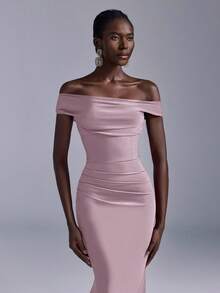 Elitara Elegant Ruched Off-Shoulder Mermaid Dress, Suitable For Weddings, Parties, Vacations, Prom, Bridesmaid (Adult) - Baby Pink - View 4
