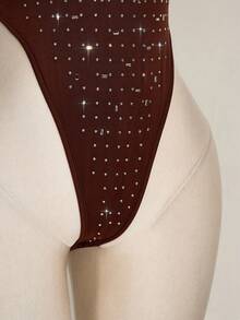 SHEIN ICON Rhinestone Halter Backless Bodysuit, Sexy Tight Fit Sleeveless For Women - Brown - View 11