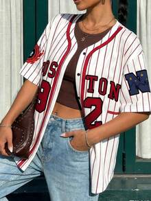 SHEIN EZwear 休闲运动街头风字母撞色条纹英文印花短袖衬衫，纽扣开襟，适合通勤、上学、日常休闲、旅行、运动、节日聚会等各种场合，四季皆宜。 - 彩色 - 查看 7