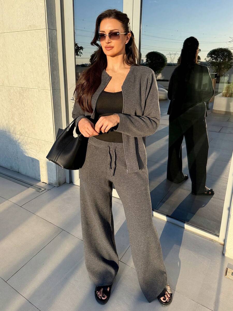 MDEdit 休闲时尚百搭舒适宽松长袖女式开衫两件套家居服套装 女士家居服套装 舒适家居服套装 粉色家居服套装 针织家居服套装 秋冬 - 深灰色 - 查看 1