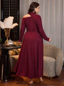 Modelyn Plus Size Women's Burgundy Autumn Elegant Formal Wedding Guest Dress,Asymmetric Collar Knit Textured Long Sleeve A-Line Pleated Modest Maxi Dress - Burgundy - View 2