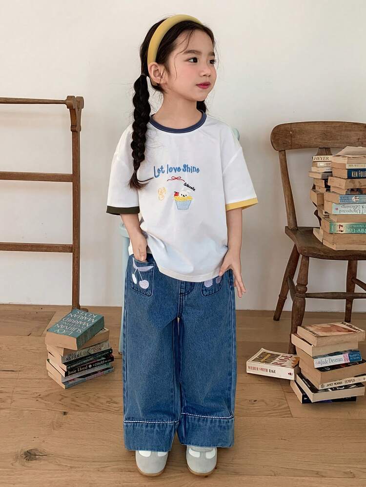 DAZY 女童秋季刺绣阔腿牛仔裤 - 藍色 - 查看 4