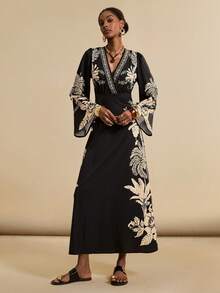 SHEIN Veneréa Women's V-Neck Printed Backless Split Flare Sleeve Dress, Beach Cover Up For Summer Vacation - Multicolor - View 5