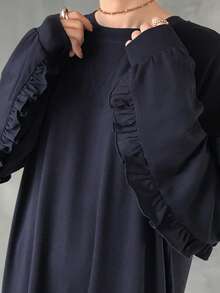 FRIFUL Women's Casual Letter Pattern Ruffle Trim Drop Shoulder Long Sleeve Dress, Autumn - Navy Blue - View 7