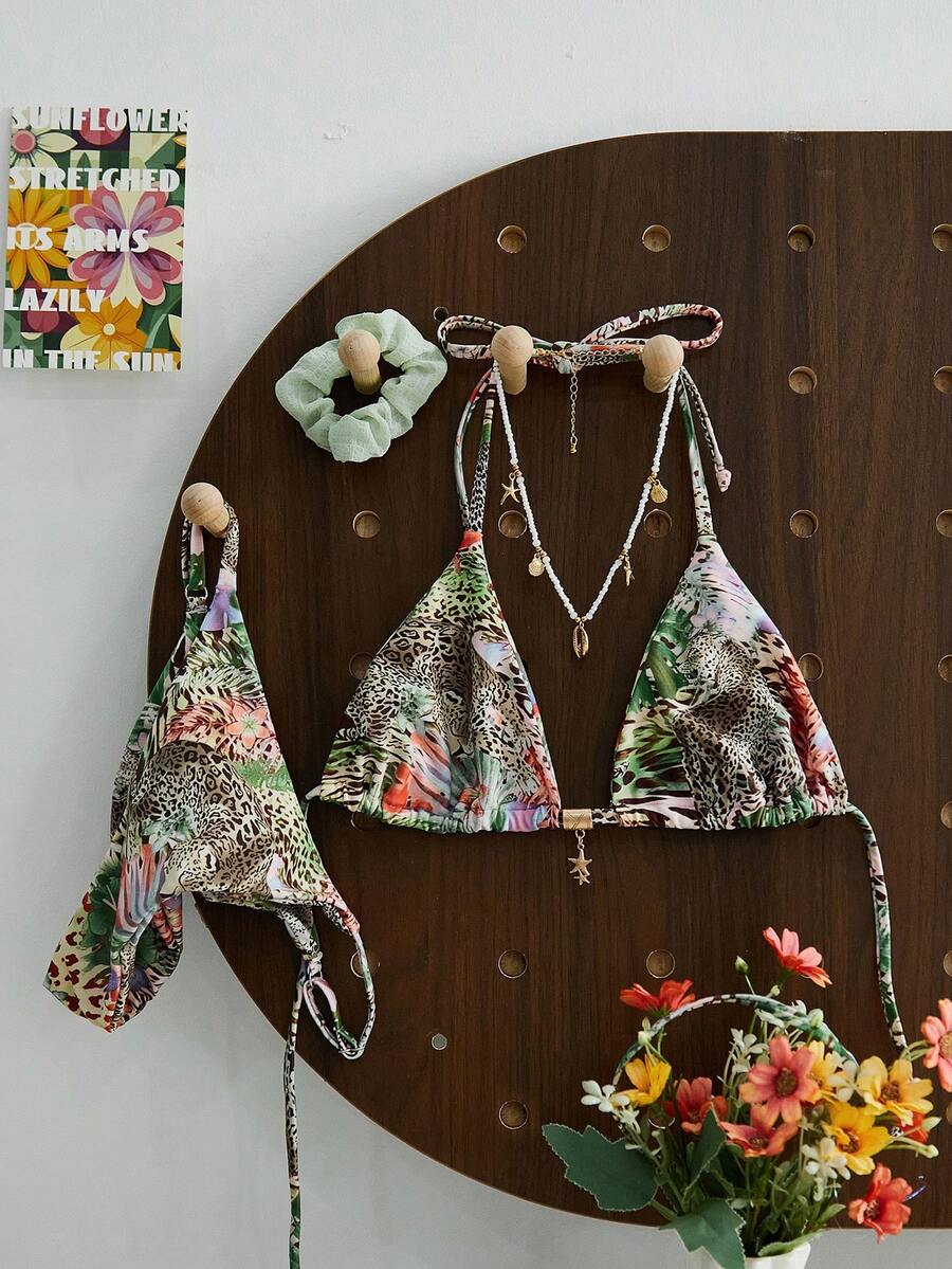 Swim Vcay 豹纹热带植物金属海星性感时尚比基尼泳衣两件套（女款） - 彩色 - 查看 1