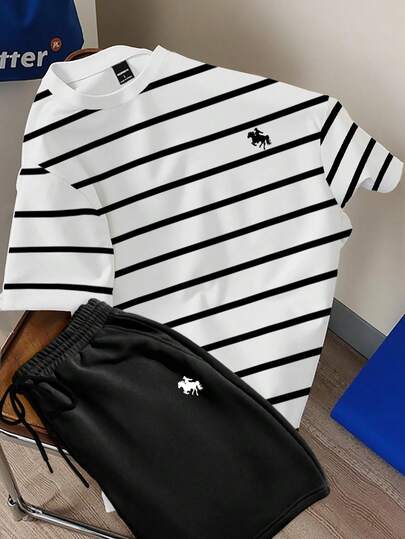 Manfinity Joysei 2pcs Classic Black & White Striped Small Logo Print Casual T-Shirt & Shorts Set