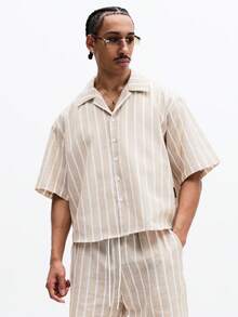 SUMWON Men's Vertical Striped Button Down Shirt And Matching Shorts Co-Ord Set Summer Casual Outfit - Apricot - View 4