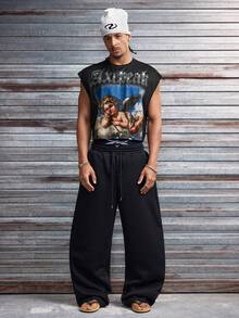 AXEPEAK Men's Casual Fashionable Street Rhinestone Angel Print Loose Tank Top - Black - View 6