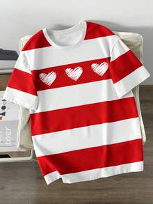 Manfinity Joysei Men's White Bold Wide Stripe Three Hearts Scribble Print Couple Matching T-Shirt | Valentine Hand Drawn Doodle Love Graphic Horizontal Color Block Tee | Classic Nautical Inspired Crew Neck Short Sleeve Top | Sweet Romantic Anniversary Gift His And Hers Loose Fit Shirt | Simple Preppy Clean Summer Casual Date Night Wear | Soft Breathable Boyfriend Girlfriend Daily Outdoor Holiday Outerwear,Men's Heart Striped Print Round Neck Short Sleeve Casual T-Shirt - Multicolor - View 2