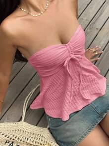 SHEIN EZwear Pink Knitted Tie-Up Bandeau Top For Women Pink Bandeau Top Summer Pink Top Pink Bow Top Strapless Pink Top Ruched Bandeau Top - Pink - View 7