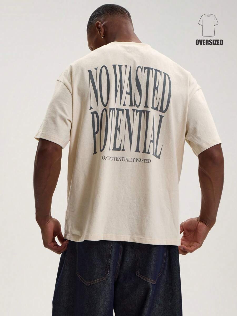 Musero Kaos oblong lengan pendek ukuran besar dengan kerah bulat bertuliskan "NO WASTED POTENTIAL" (Tidak Ada Potensi yang Terbuang) untuk Musim Semi/Panas. - Aprikot - View 1