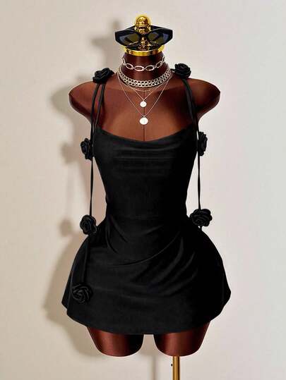 Mistrie Vestido rojo romántico de fiesta con cuello halter, minifalda ajustado con decoración de rosas 3D, diseño con espalda abierta y fruncido, vestido ajustado de cóctel para citas, banquetes y clubes