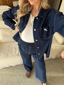 MaterniWear 2pcs Maternity Casual Denim Shirt And Pants Set Valentine's Day Vacation Outfits Women Carnaval Summer Spring Commuting Graduation Chic Y2k Cute Streetwear Party Wedding Elegant Business Casual Woman - Blue - View 5