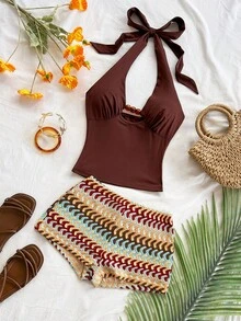 Soleia Bộ đồ đi nghỉ mát 2 món dành cho nữ: Áo croptop buộc dây cổ màu nâu dệt kim và quần short cạp cao kẻ sọc nhiều màu sắc kiểu vintage, trang phục thường ngày cho bãi biển, du thuyền, du lịch đường bộ, lễ hội âm nhạc, tiệc tùng, phong cách Boho, Hippie, phương Tây, có thể mặc trong nhà hoặc ngoài trời, phù hợp cho mọi mùa, đi làm hàng ngày. - Nhiều màu - Xem 4
