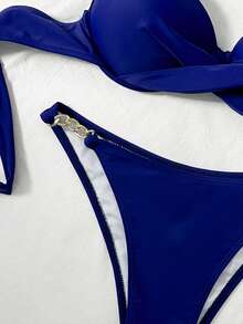 Swim SXY Set bikini a fascia con catena e ferretto, colore unito, da donna - Blu Navy - Visualizzare 5