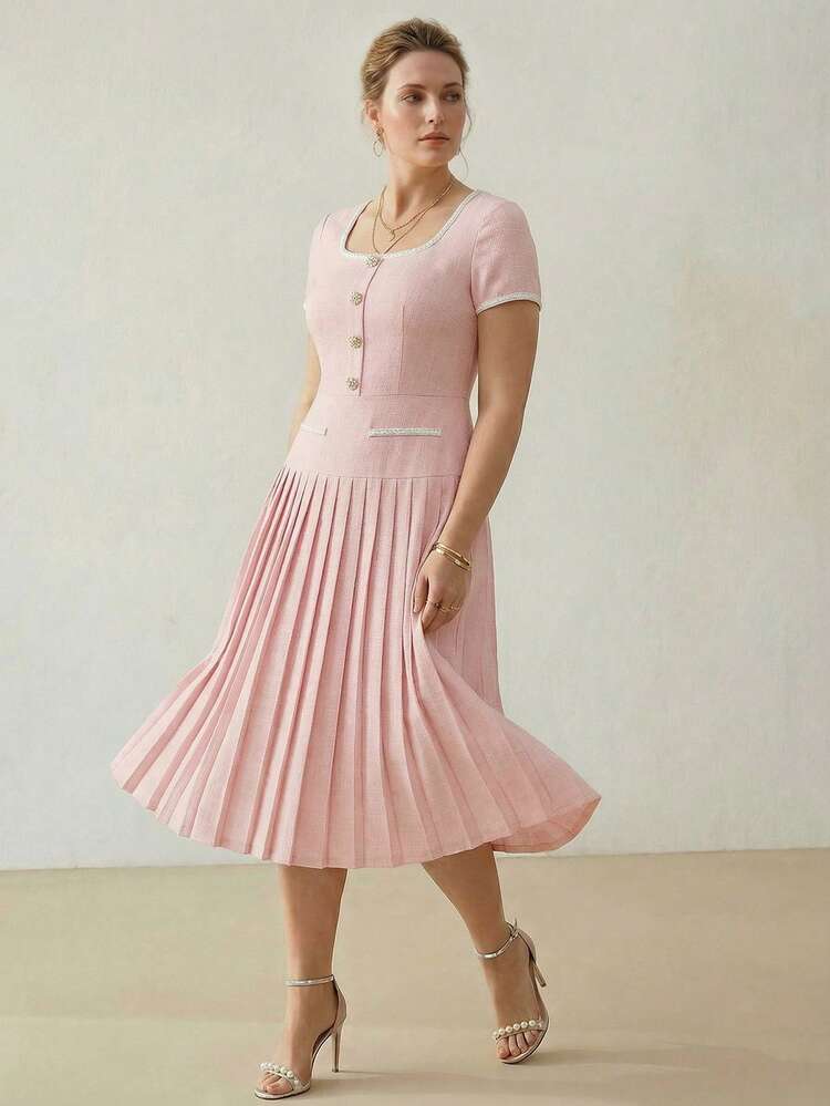 VESTIDO PLISADO CON RIBETE DE CONTRASTE PARA MUJER TALLA GRANDE