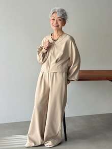 FRIFUL Women's Casual Khaki Jacket And Straight Leg Pants Two Pieces Set, Loose Fit, Versatile For Spring And Summer - Grey - View 1