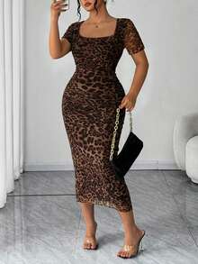 Elenzga Plus Size Leopard Print Short Sleeve Bodycon Dress, Slimming Fit, Versatile For Daily Wear, Spring/Summer - Multicolor - View 6
